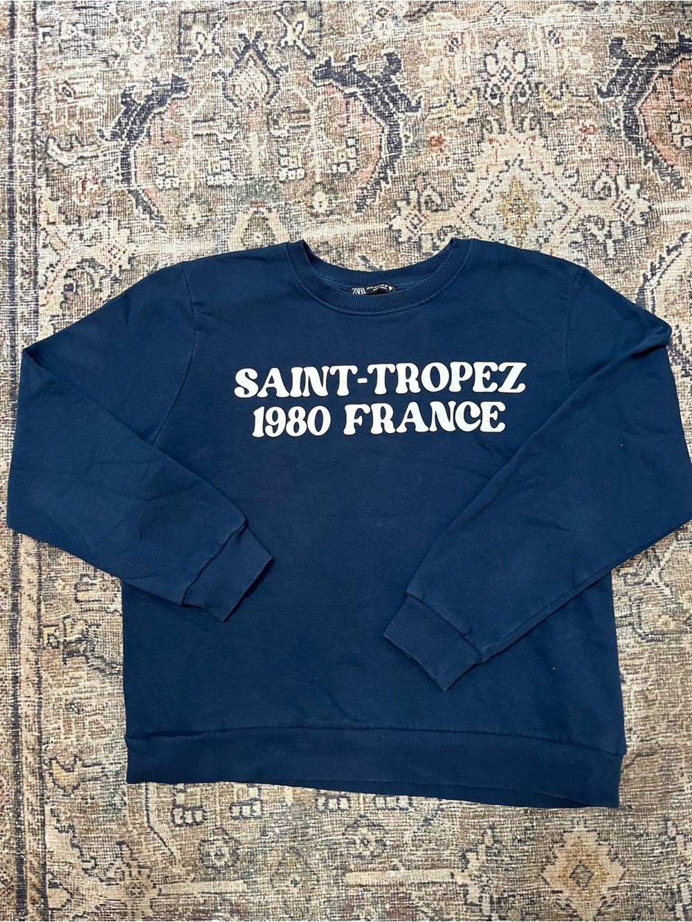 Zara Navy Crewneck Sweatshirt with White Saint-Tropez 1980 France Text